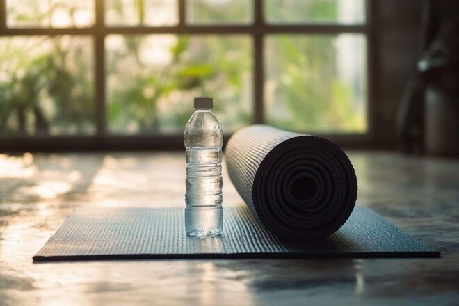 Tapis de yoga enroulé et bouteille d eau créant une atmosphère apaisante