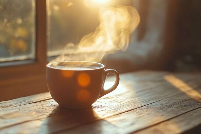 Tasse de café chaude avec rayons de soleil
