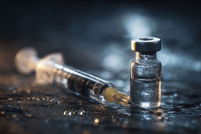 Vaccin et seringue en lumière focalisée