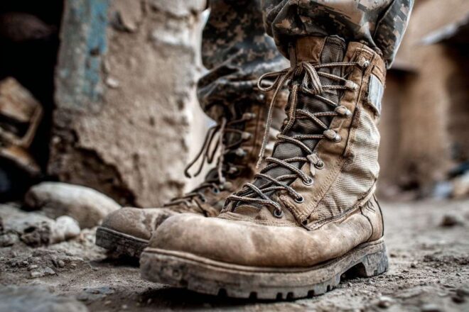 Vue latérale de bottes militaires robustes