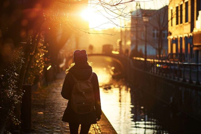 Femme marche canal ville soleil