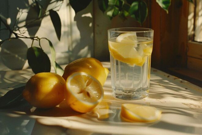 Citrons frais tranchés et verre d eau citronnée