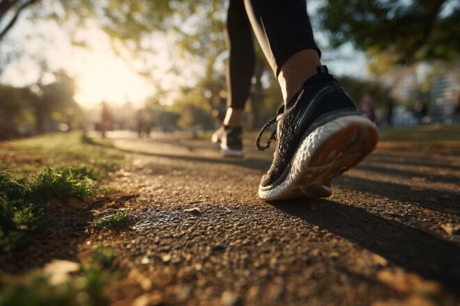 Gros plan des chaussures de course sur un chemin bien entretenu