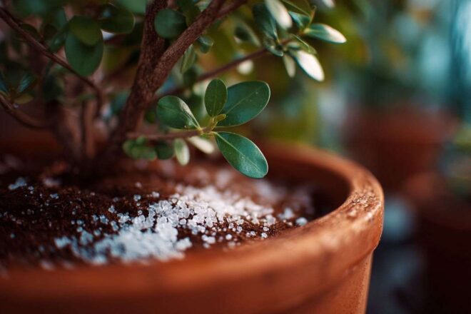 Gros plan d une plante en pot avec bicarbonate de soude