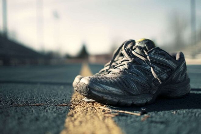 Gros plan sur des chaussures de course sur une piste