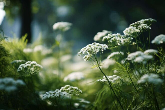 Jardin ensoleillé avec pimpinella anisum