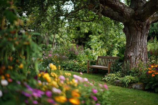 Jardin verdoyant avec banc en bois