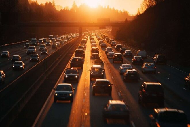 Panoramique d autoroute au coucher du soleil