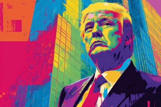 Portrait artistique pop art d une figure de renom sur fond de trump tower