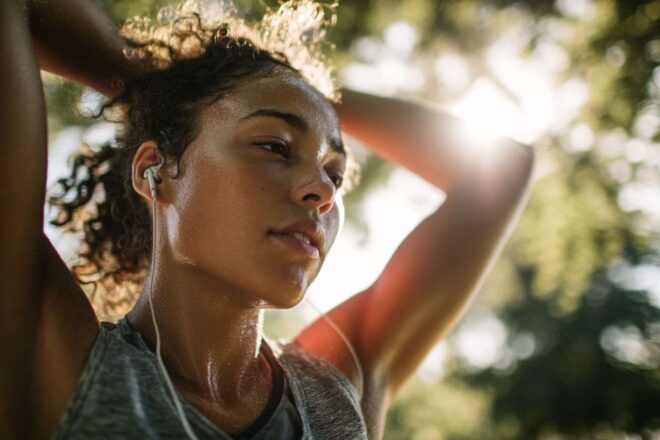 Runner s étirant dans un parc ensoleillé
