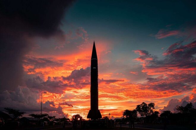 Silhouette impressionnante d un missile balistique au coucher du soleil
