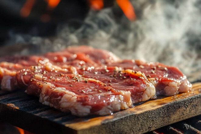 Viande crue près du gril bourdonnant photographie détaillée