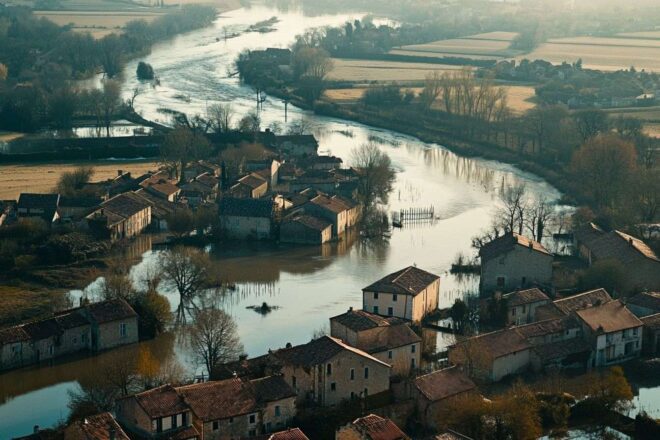 Vue aérienne d un village français avec crue de la rivière