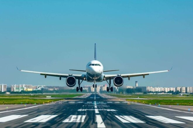 Approche d un avion avec train d atterrissage sorti sous un ciel bleu