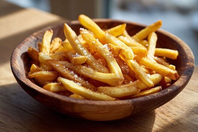 Assiette de frites dorées croustillantes avec sel marin