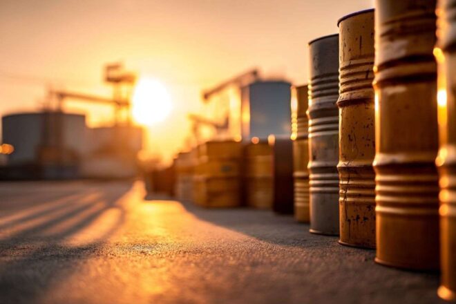 Barils de pétrole au crépuscule