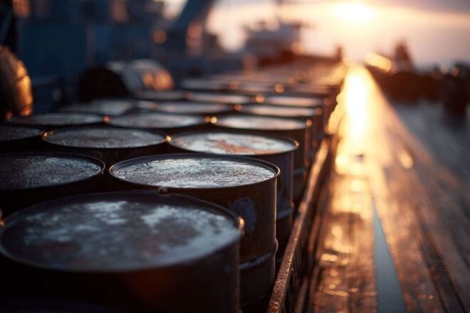 Barils de pétrole sur un navire