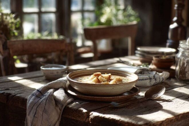 Bol de soupe à l oignon sur table rustique