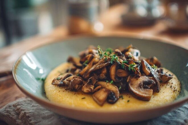 Bol de polenta avec champignons sautés