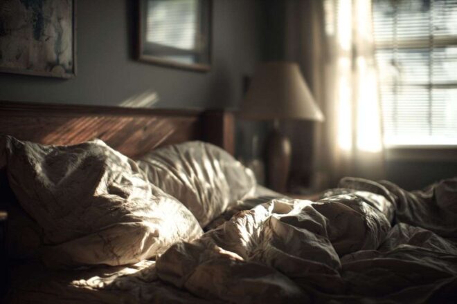 Chambre faiblement éclairée avec lit défait