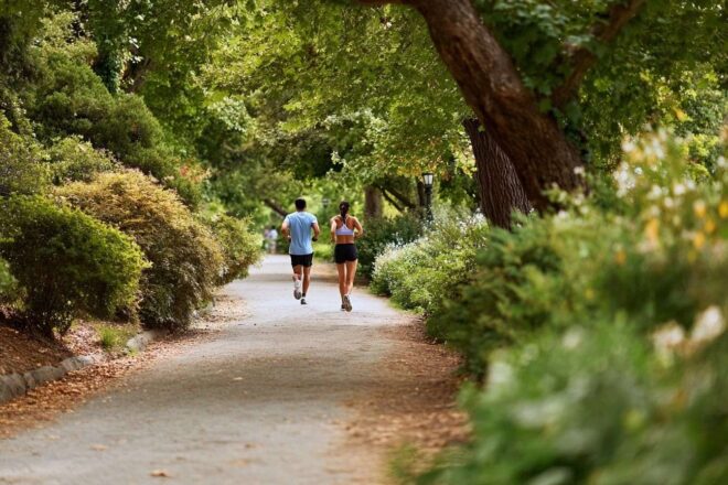 Chemin sinueux à travers un parc pittoresque avec des coureurs