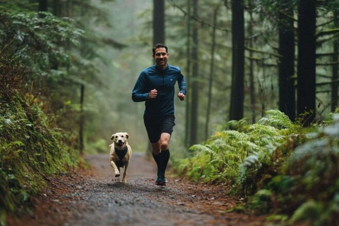 Coureur et chien en canicross à travers la forêt