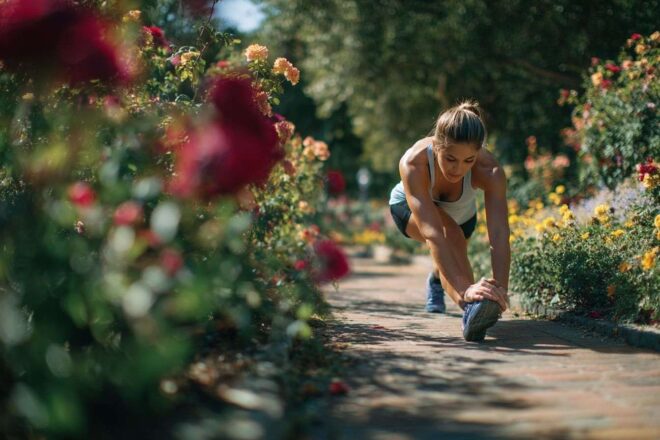 Coureur s étirant dans un parc ensoleillé