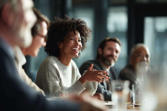 Discussion animée autour d une table de conférence