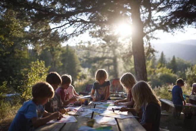Enfants créant et peignant en plein air