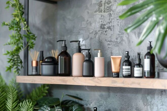 Étagère de salle de bain élégante avec des produits capillaires