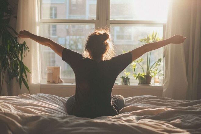 Étirement matinal au soleil sur le bord du lit