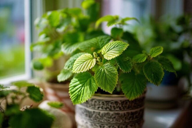 Feuilles de framboisier luxuriantes sur rebord ensoleillé