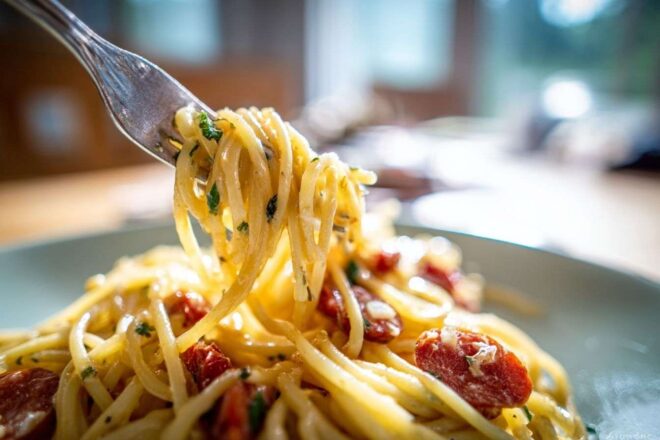 Fourchette tournant des spaghettis avec sauce crémeuse et chorizo coloré
