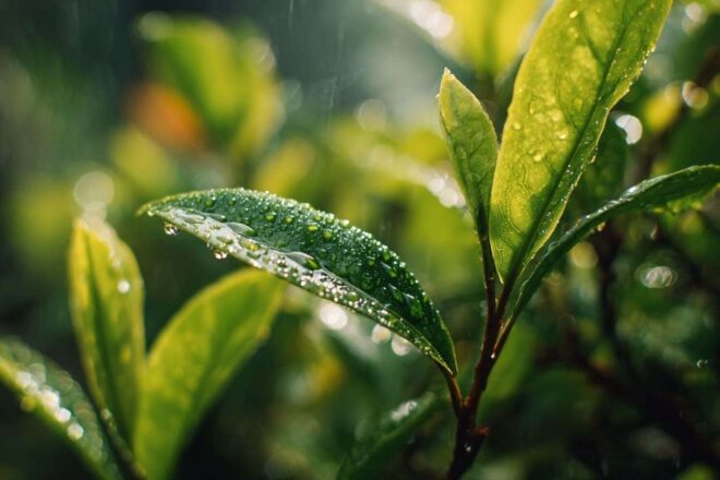 Gouttes de pluie scintillantes sur feuilles vertes