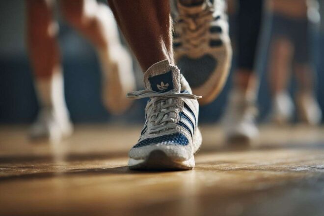 Gros plan de baskets sur le sol de la salle de sport