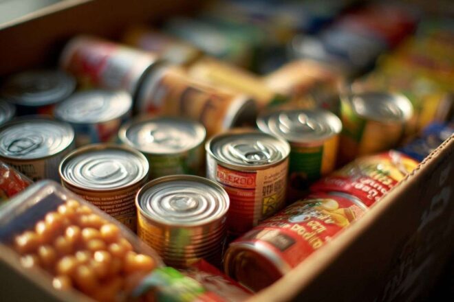 Gros plan de conserves disposées dans une boîte de dons