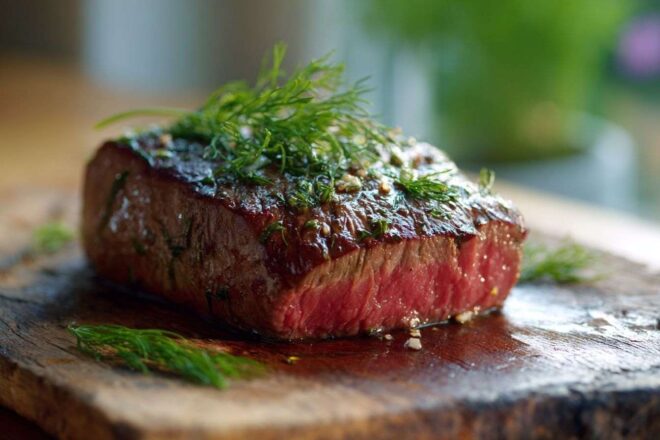 Gros plan de filet de bœuf mariné avec aneth