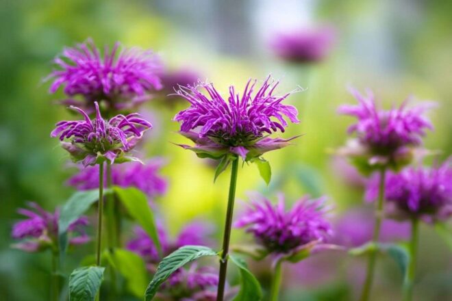 Gros plan de fleurs violettes vibrantes de monarda fistulosa