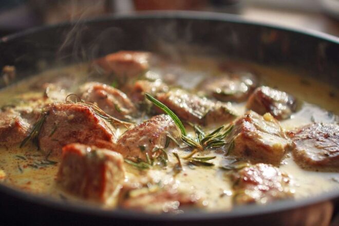 Gros plan de morceaux de porc mijotant dans une sauce crémeuse à la moutarde