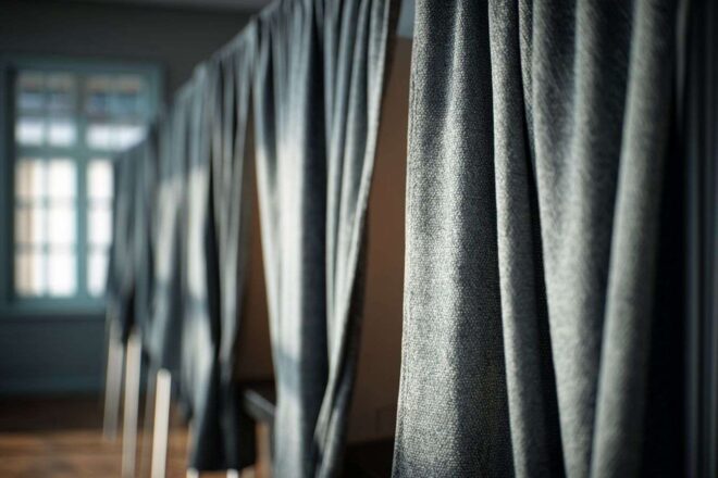 Gros plan d un isoloir avec rideaux dans un bureau de vote bien éclairé