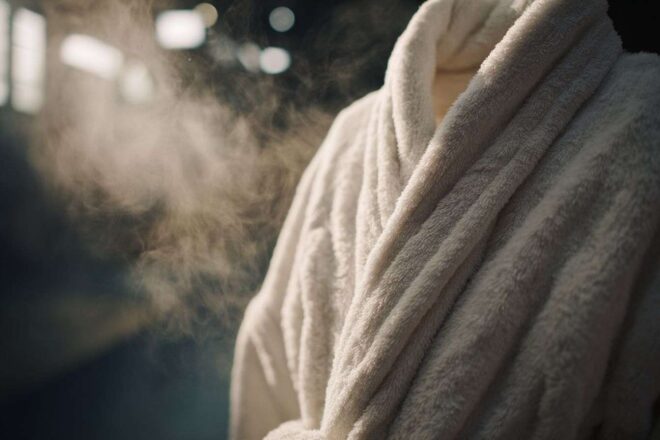 Gros plan d un peignoir blanc moelleux près d une piscine thermale