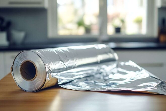 Gros plan d un rouleau de papier aluminium brillant sur un comptoir de cuisine en bois