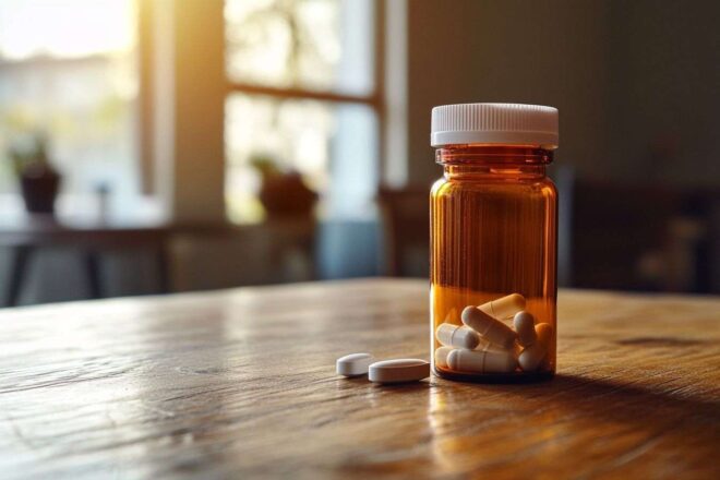 Gros plan d une bouteille de médicament sur une table en bois