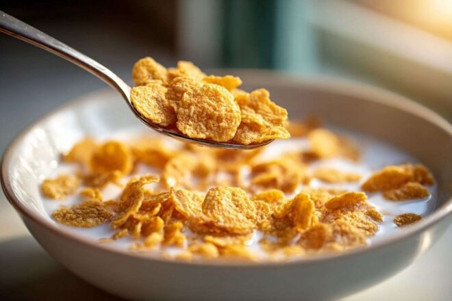 Gros plan d une cuillère soulevant des céréales croustillantes d un bol rempli de lait