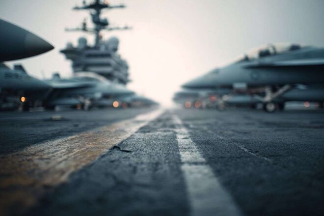 Gros plan sur le pont d un porte avions avec des jets alignés