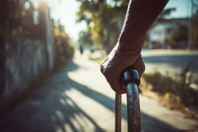 Main tenant une aide à la marche sur un trottoir ensoleillé