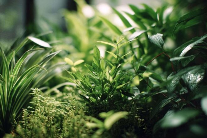 Plantes vertes luxuriantes dans un récipient bentostyle