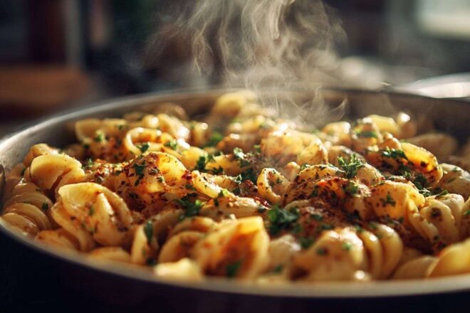 Pot de pâtes fumant avec sauce riche