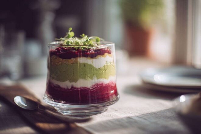 Présentation sophistiquée de betterave cuite et avocat mixé