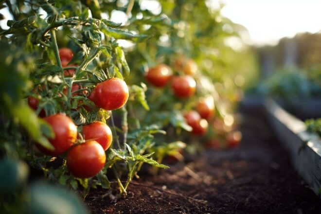Rangées de plants de tomates dans un jardin ensoleillé